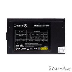 Блок питания X-Game Shadow 400W, 400W, ATX, 20+4pin, 4pin, 3*Sata, 2*Molex, 1*PCI-E 6 pin, Вентилятор 12 см, Кабель питания
