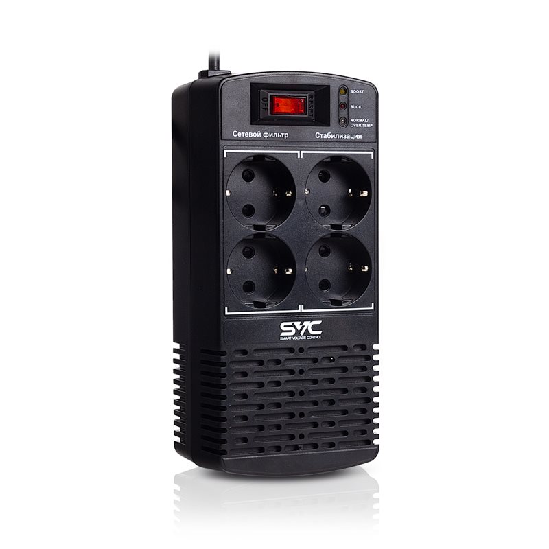 Стабилизатор (AVR) SVC AVR-1000-L, Мощность 1000ВА/500Вт, LED-индикаторы, Диапазон работы AVR: 174-280В, 4 вых., 1.2 м., Чёрный 