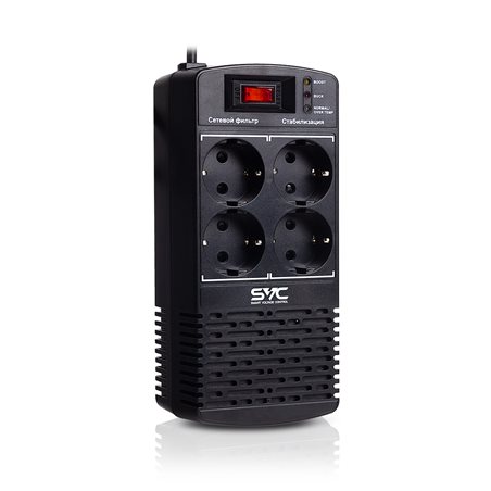 Стабилизатор (AVR) SVC AVR-1000-L, Мощность 1000ВА/500Вт, LED-индикаторы, Диапазон работы AVR: 174-280В, 4 вых., 1.2 м., Чёрный 