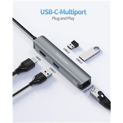 USB-хаб CableCreation 5-in-1 USB-C Hub CD0753 3xUSB 3.0 (5 Gbps), Ethernet port (10/100/1000 Mbps), 4K HDMI (30Hz), Gray+Case