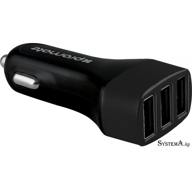 Зарядное устройство Promate Trica.Black автомобильное, 3 USB-порта, выходная мощность 3.1 Ампера, чёрное