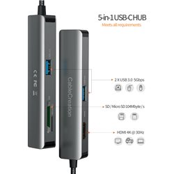 USB-хаб CableCreation 5-in-1 USB-C Hub CD0779 4K HDMI (30Hz), Micro SD Card Reader, SD Card Reader, 2xUSB 3.0 (5 Gbps), Gray+Cas