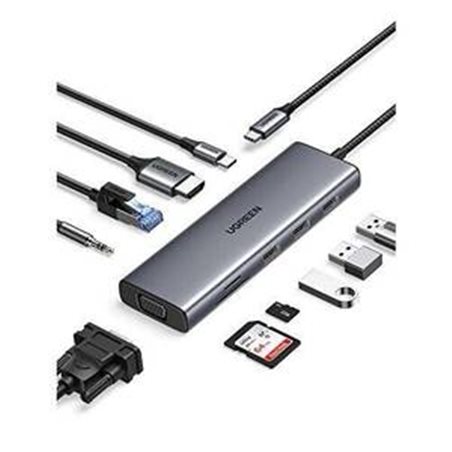 Конвертер UGREEN CM498 (USB Type-C - 3xUSB3.0+HDMI+VGA+RJ45+SD/TF+Type-C with PD 100W) серый 15600