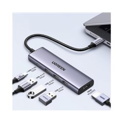 Конвертер UGREEN CM511 (USB Type-C - 3xUSB3.0+HDMI+SD/TF) серый  20956а
