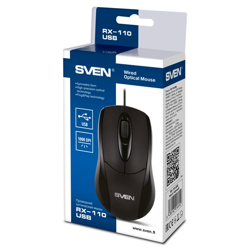 Мышь проводная SVEN RX-110 USB, оптическая, DPI:max1000, 2 кнопки, черный