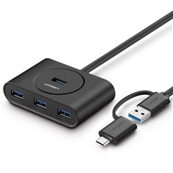 Расширитель USB UGREEN CR113 40850, 4 Порта, USB 3.0/Type-C to USB 3.0, кабель 1м, чёрный