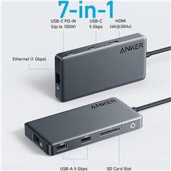 USB-хаб Anker 341 7-in-1 USB-C Hub A83480A1 1x100W USB Type-C PD-IN, 1xUSB Type-C (5 Gbps), 2xUSB 3.0 (5 Gbps), 4K HDMI (30Hz), 
