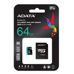 Micro Secure Digital Card (Trans Flash) 64GB HC10 U3 V30S Adata AUSDX64GUI3V30SA2 + SD adapter