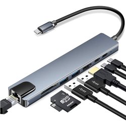 USB HUB 8-in-1 USB-C TC19, 2xUSB Type-C, 2x USB A 3.0, 1xLan, 1xHDMI, Card reader