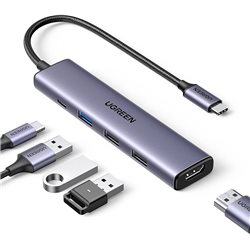 Конвертер UGREEN CM511 (USB Type-C - 3xUSB3.0+HDMI 4K@30Hz+USB-C 100W PD) серый15596