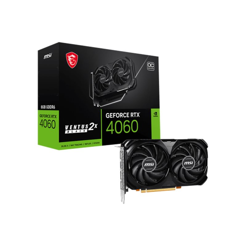 Видеокарта MSI GeForce RTX 4060 VENTUS 2X BLACK 8G OC PCI-e4.0x8 8GB GDDR6X/128 bit. 2505MHz/2490MHz. 3*DP. 1*HDMI. Dual Fan