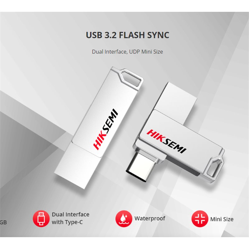 USB Flash HIKVISION HIKSEMI 128GB E327C U3 Silver USB 3.2 TypeA & TypeC, Read up: 150 Mb/s, Write up:45 Mb/s